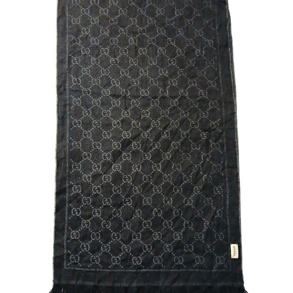 Gucci Charcoal Grey & Silver Reversible GG Logo Print Shawl Wrap Vintage Pre-Own - Picture 3 of 9